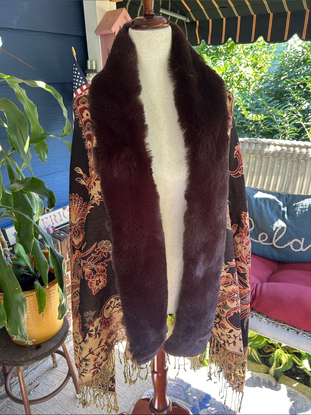 Faux Fur Trimmed Floral Tapestry Pashmina Shawl Wrap Cape